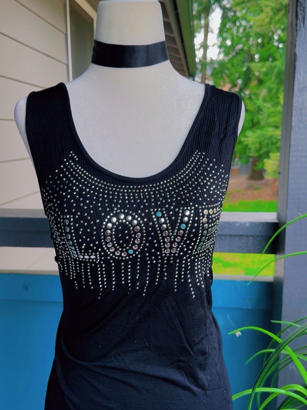 Black Embellished 'LOVE' Scoop Neck Tank Top dress sz M - Picture 5 of 6